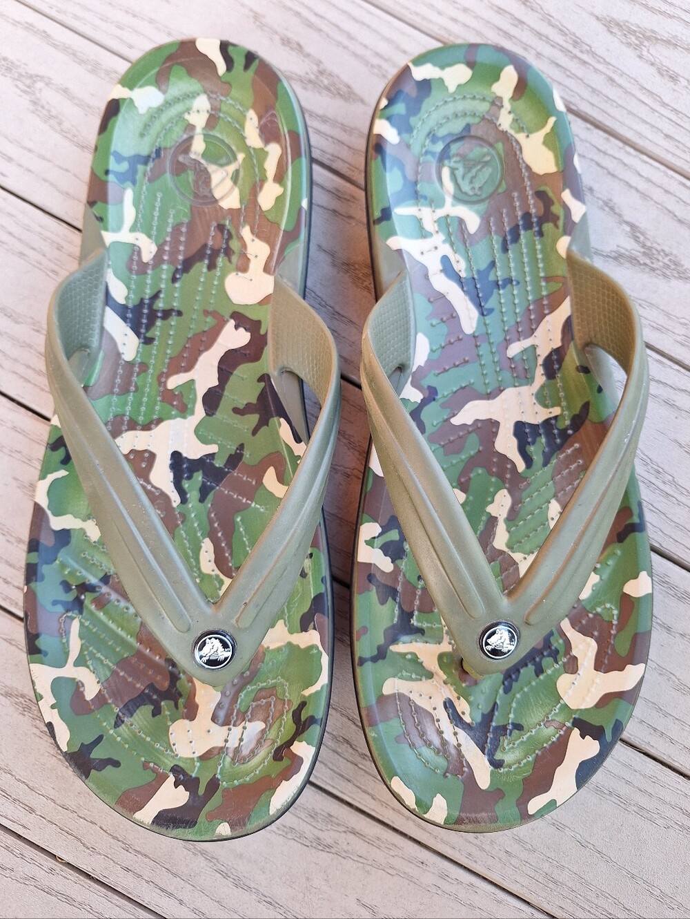 Men's Crocs Size 12 Printed Flip Flop Camo Green And Brown